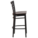 English Elm Commercial Grade Series Black Window Back Metal Restaurant Barstool - Walnut Wood Seat