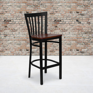 English Elm Commercial Grade Series Black School House Back Metal Restaurant Barstool - Cherry Wood Seat