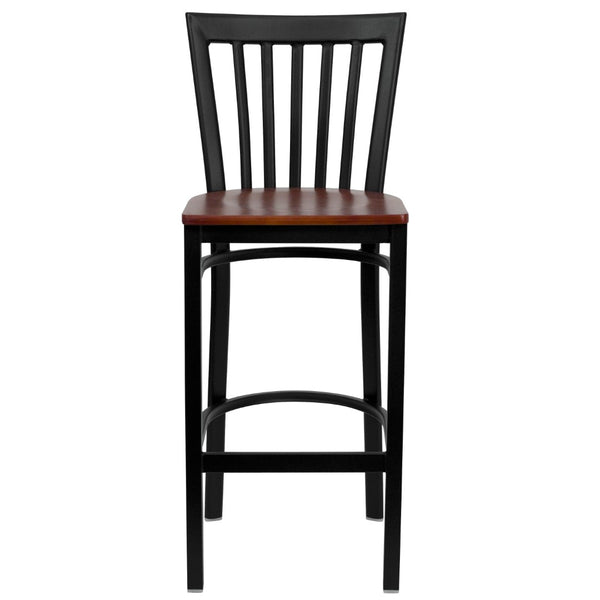 English Elm Commercial Grade Series Black School House Back Metal Restaurant Barstool - Cherry Wood Seat