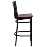 English Elm Commercial Grade Series Black School House Back Metal Restaurant Barstool - Mahogany Wood Seat