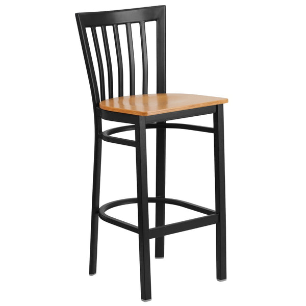 English Elm Commercial Grade Series Black School House Back Metal Restaurant Barstool - Wood Seat