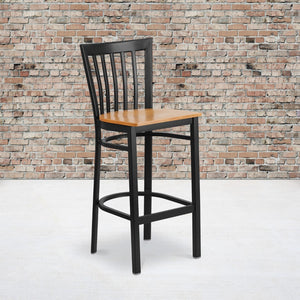 English Elm Commercial Grade Series Black School House Back Metal Restaurant Barstool - Wood Seat