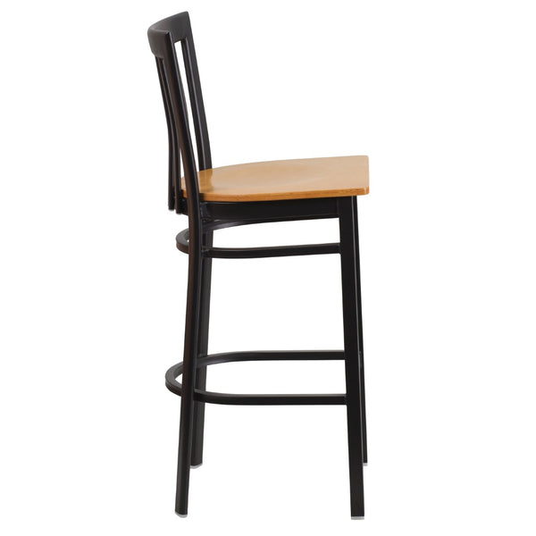 English Elm Commercial Grade Series Black School House Back Metal Restaurant Barstool - Wood Seat