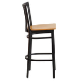 English Elm Commercial Grade Series Black School House Back Metal Restaurant Barstool - Wood Seat