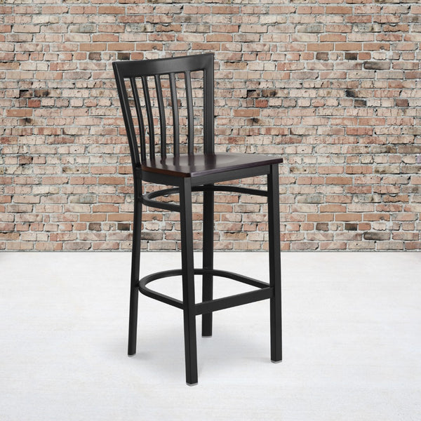 English Elm Commercial Grade Series Black School House Back Metal Restaurant Barstool - Walnut Wood Seat