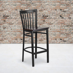 English Elm Commercial Grade Series Black School House Back Metal Restaurant Barstool - Walnut Wood Seat