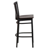 English Elm Commercial Grade Series Black School House Back Metal Restaurant Barstool - Walnut Wood Seat