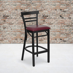 English Elm Commercial Grade Series Black Two-Slat Ladder Back Metal Restaurant Barstool - Vinyl Seat