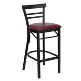 English Elm Commercial Grade Series Black Two-Slat Ladder Back Metal Restaurant Barstool - Vinyl Seat