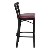 English Elm Commercial Grade Series Black Two-Slat Ladder Back Metal Restaurant Barstool - Vinyl Seat