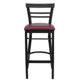 English Elm Commercial Grade Series Black Two-Slat Ladder Back Metal Restaurant Barstool - Vinyl Seat