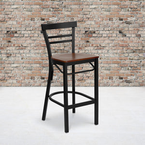 English Elm Commercial Grade Series Black Two-Slat Ladder Back Metal Restaurant Barstool - Cherry Wood Seat