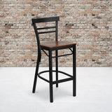 Commercial Grade Series Black Two-Slat Ladder Back Metal Restaurant Barstool - Cherry Wood Seat