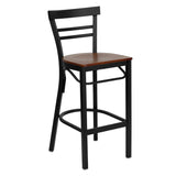 English Elm Commercial Grade Series Black Two-Slat Ladder Back Metal Restaurant Barstool - Cherry Wood Seat