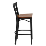 English Elm Commercial Grade Series Black Two-Slat Ladder Back Metal Restaurant Barstool - Cherry Wood Seat