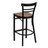 English Elm Commercial Grade Series Black Two-Slat Ladder Back Metal Restaurant Barstool - Cherry Wood Seat