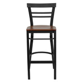 English Elm Commercial Grade Series Black Two-Slat Ladder Back Metal Restaurant Barstool - Cherry Wood Seat