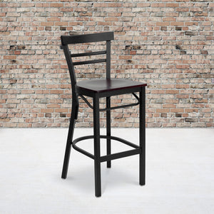 English Elm Commercial Grade Series Black Two-Slat Ladder Back Metal Restaurant Barstool - Mahogany Wood Seat