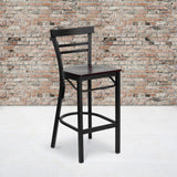 Commercial Grade Series Black Two-Slat Ladder Back Metal Restaurant Barstool - Mahogany Wood Seat