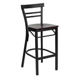 English Elm Commercial Grade Series Black Two-Slat Ladder Back Metal Restaurant Barstool - Mahogany Wood Seat