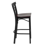 English Elm Commercial Grade Series Black Two-Slat Ladder Back Metal Restaurant Barstool - Mahogany Wood Seat