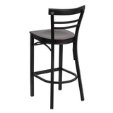 English Elm Commercial Grade Series Black Two-Slat Ladder Back Metal Restaurant Barstool - Mahogany Wood Seat