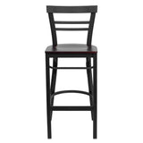 English Elm Commercial Grade Series Black Two-Slat Ladder Back Metal Restaurant Barstool - Mahogany Wood Seat