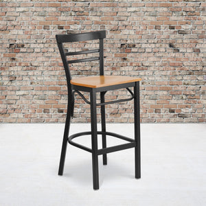 English Elm Commercial Grade Series Black Two-Slat Ladder Back Metal Restaurant Barstool - Wood Seat