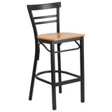 English Elm Commercial Grade Series Black Two-Slat Ladder Back Metal Restaurant Barstool - Wood Seat