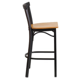 English Elm Commercial Grade Series Black Two-Slat Ladder Back Metal Restaurant Barstool - Wood Seat