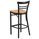 English Elm Commercial Grade Series Black Two-Slat Ladder Back Metal Restaurant Barstool - Wood Seat