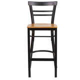 English Elm Commercial Grade Series Black Two-Slat Ladder Back Metal Restaurant Barstool - Wood Seat