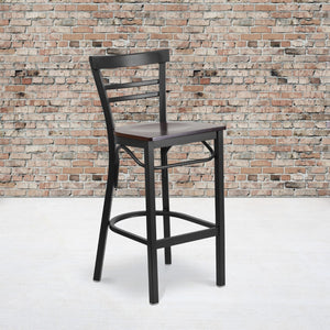 English Elm Commercial Grade Series Black Two-Slat Ladder Back Metal Restaurant Barstool - Walnut Wood Seat