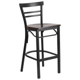 English Elm Commercial Grade Series Black Two-Slat Ladder Back Metal Restaurant Barstool - Walnut Wood Seat