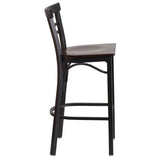 English Elm Commercial Grade Series Black Two-Slat Ladder Back Metal Restaurant Barstool - Walnut Wood Seat