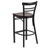 English Elm Commercial Grade Series Black Two-Slat Ladder Back Metal Restaurant Barstool - Walnut Wood Seat