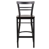 English Elm Commercial Grade Series Black Two-Slat Ladder Back Metal Restaurant Barstool - Walnut Wood Seat