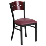 English Elm Commercial Grade Series Black 4 Square Back Metal Restaurant Chair - Mahogany Wood Back, Vinyl Seat