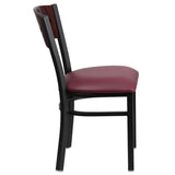 English Elm Commercial Grade Series Black 4 Square Back Metal Restaurant Chair - Mahogany Wood Back, Vinyl Seat