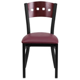 English Elm Commercial Grade Series Black 4 Square Back Metal Restaurant Chair - Mahogany Wood Back, Vinyl Seat