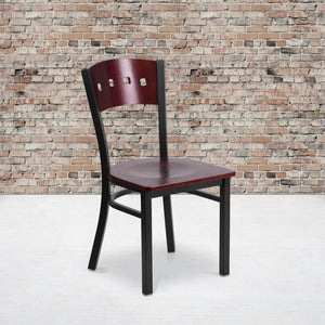 English Elm Commercial Grade Series Black 4 Square Back Metal Restaurant Chair - Mahogany Wood Back & Seat