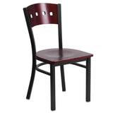 English Elm Commercial Grade Series Black 4 Square Back Metal Restaurant Chair - Mahogany Wood Back & Seat