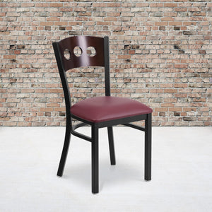 English Elm Commercial Grade Series Black 3 Circle Back Metal Restaurant Chair - Walnut Wood Back, Vinyl Seat