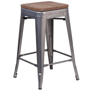 English Elm Commercial Grade 24" High Backless Metal Counter Height Stool with Square Wood Seat