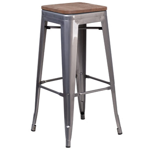 English Elm Commercial Grade 30" High Backless Metal Barstool with Square Wood Seat