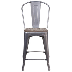 English Elm Commercial Grade 24" High Counter Height Stool with Back and Wood Seat