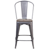 English Elm Commercial Grade 24" High Counter Height Stool with Back and Wood Seat