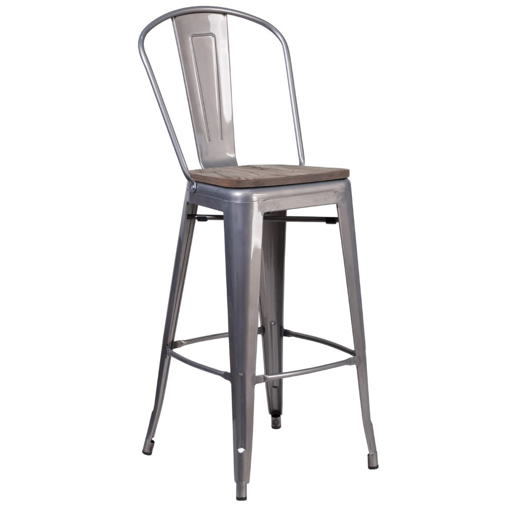 English Elm Commercial Grade 30" High Barstool with Back and Wood Seat