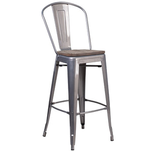 English Elm Commercial Grade 30" High Barstool with Back and Wood Seat