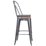 English Elm Commercial Grade 30" High Barstool with Back and Wood Seat